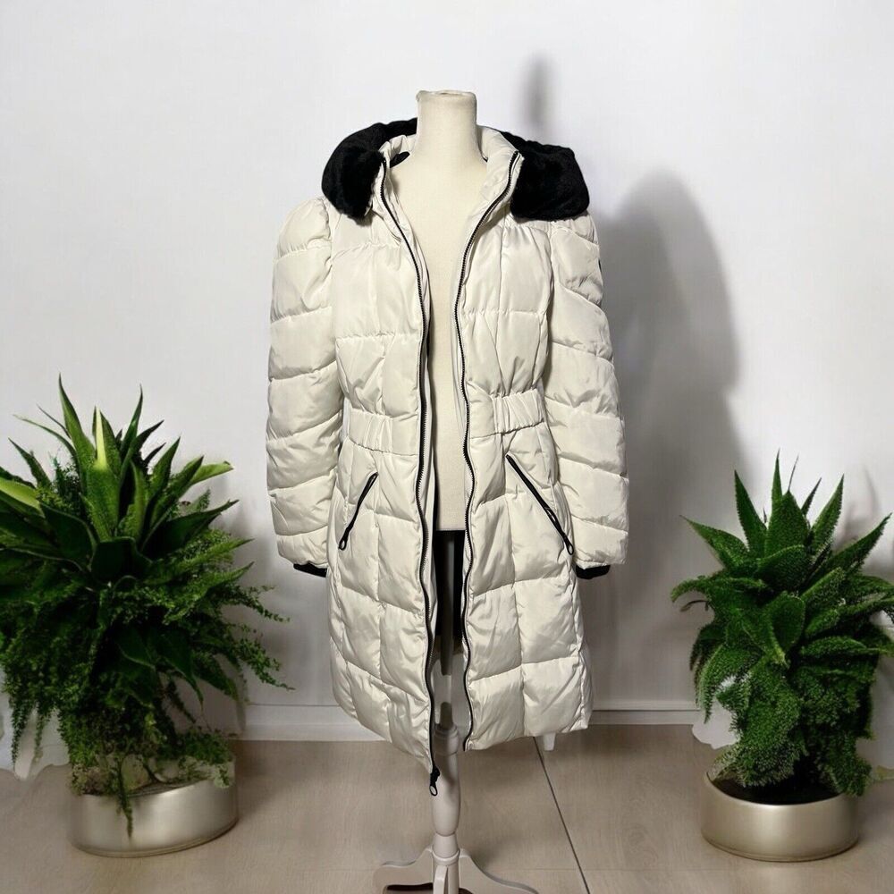Women’s Guess Long Puffer Jacket White Hooded Faux Fur Sz Small